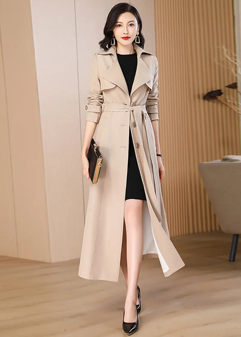Women's Oversize Long Trench Coat,Belted Double-Breasted Coat for women,Beige Long Trench Coat,Long Rain Coat,Autumn Trench Coat,Spring Coat - Vivian Seven