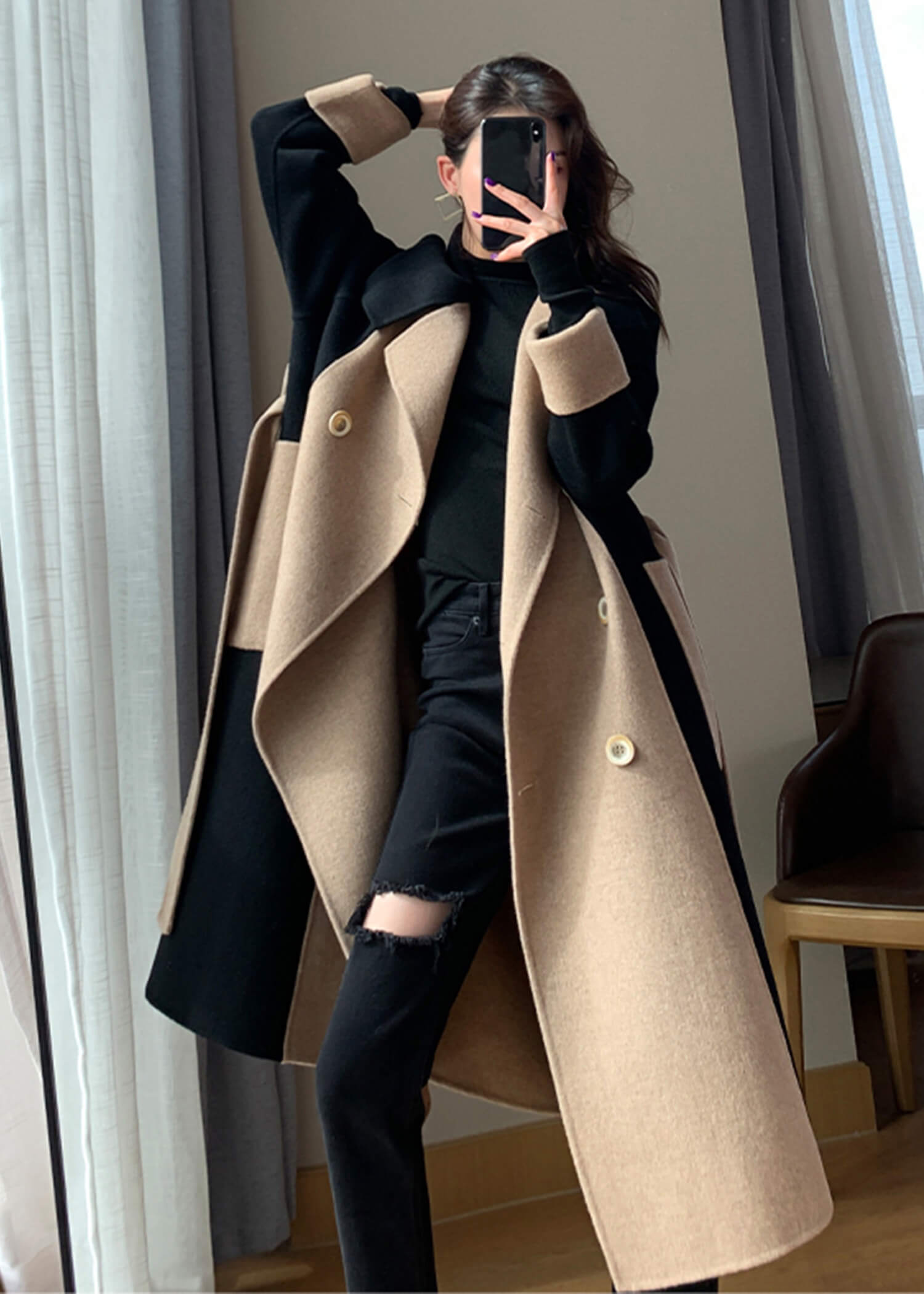 Color Block Double Face Long Wool Coat