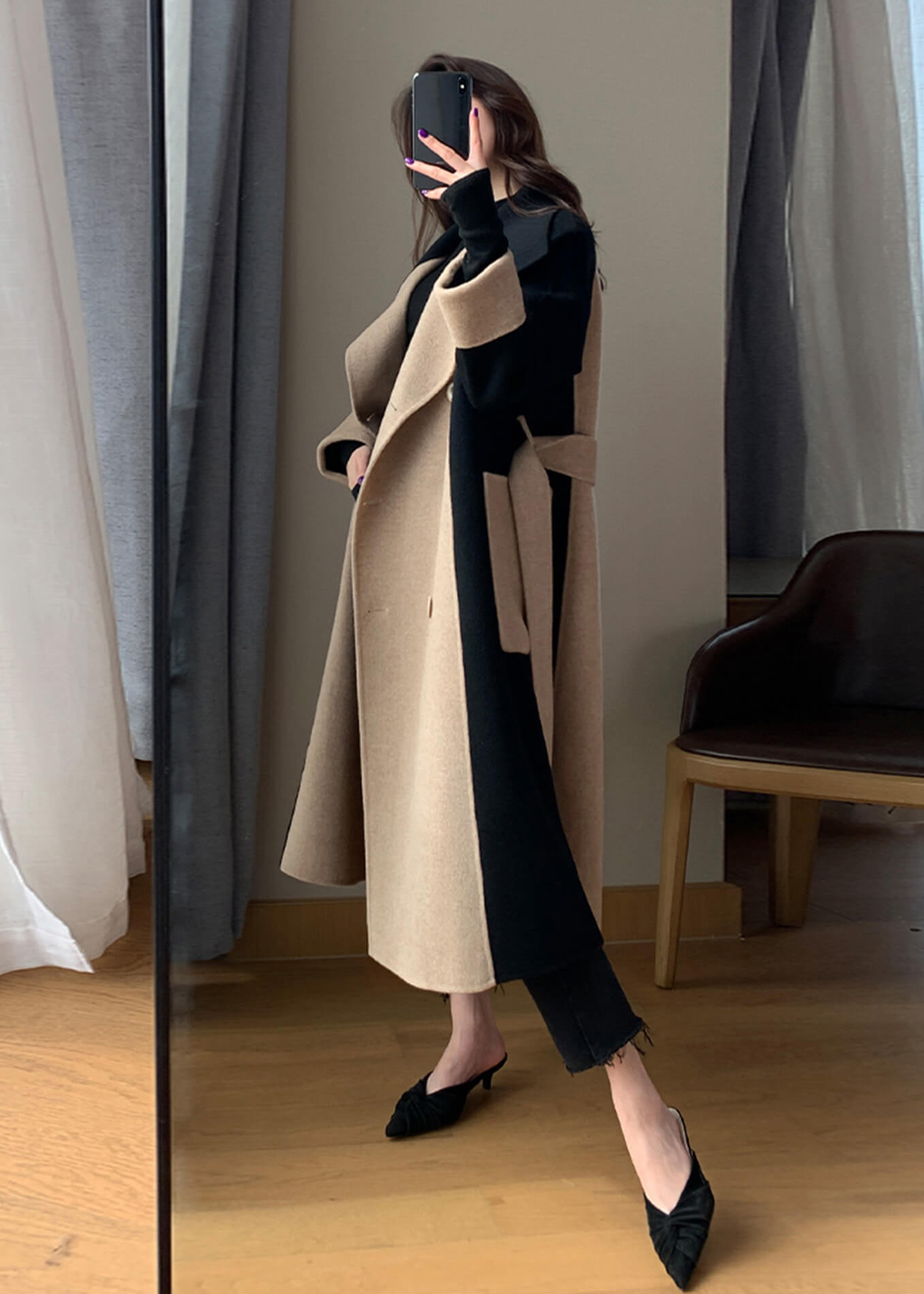 Color Block Double Face Long Wool Coat | Vivian Seven