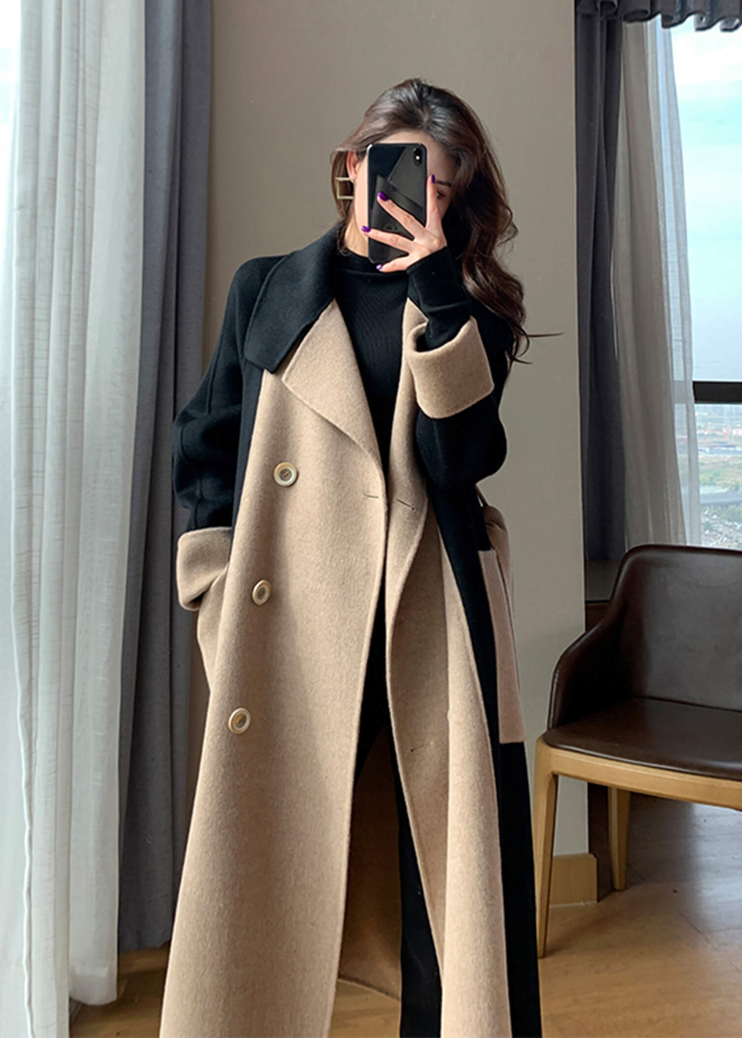 Color Block Double Face Long Wool Coat