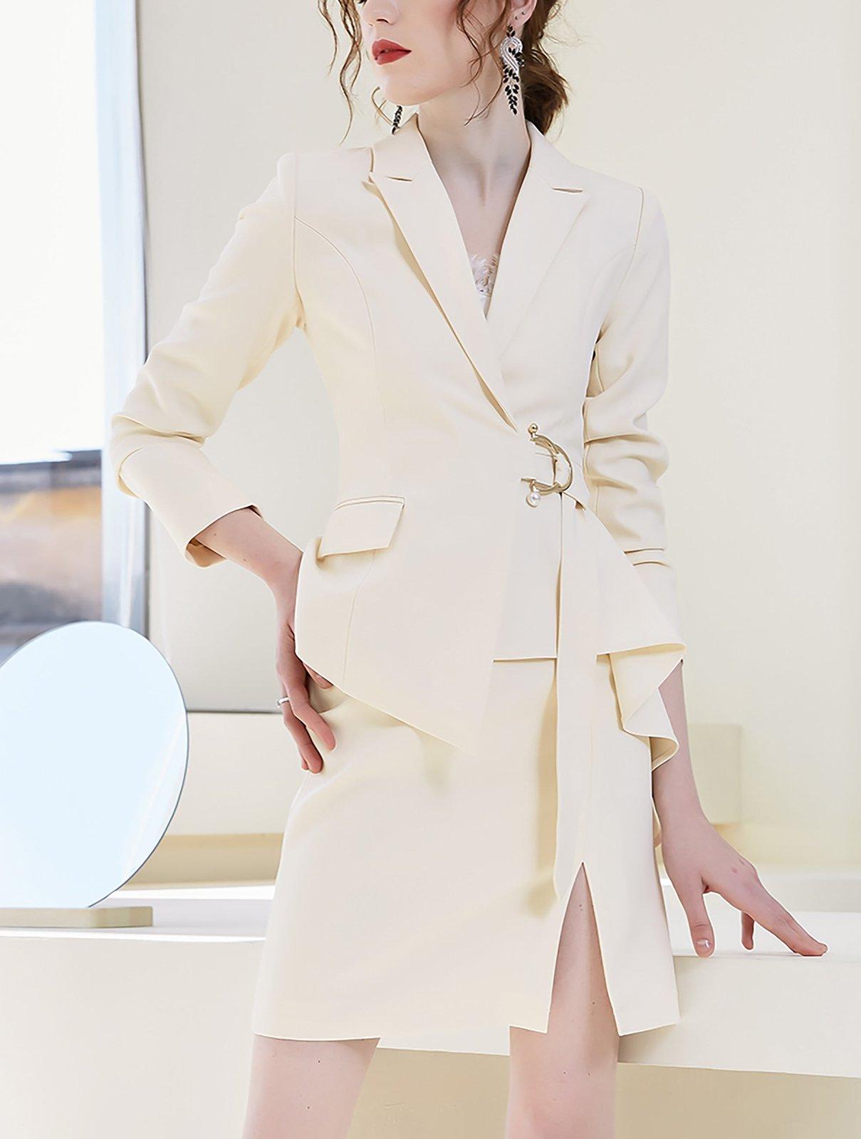 Women Beige Blazer Suit and Skirt Set