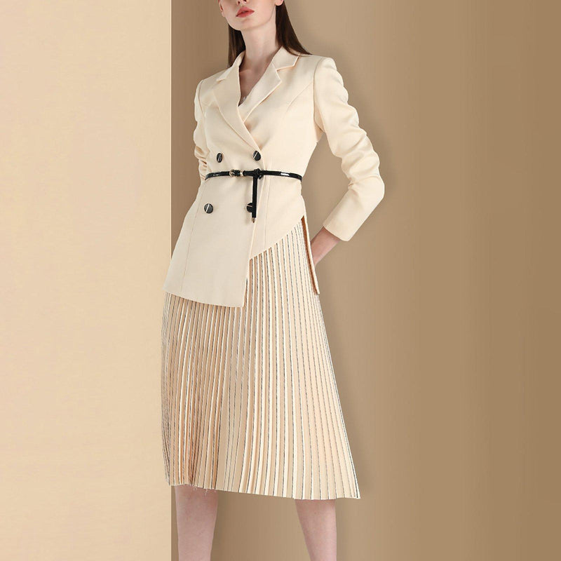 Women Beige Blazer and Pleated Skirt Set,2 Piece Office Lady Suit