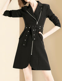 Women Black Irregular Belted Long Blazer Trench Dress Vivian Seven