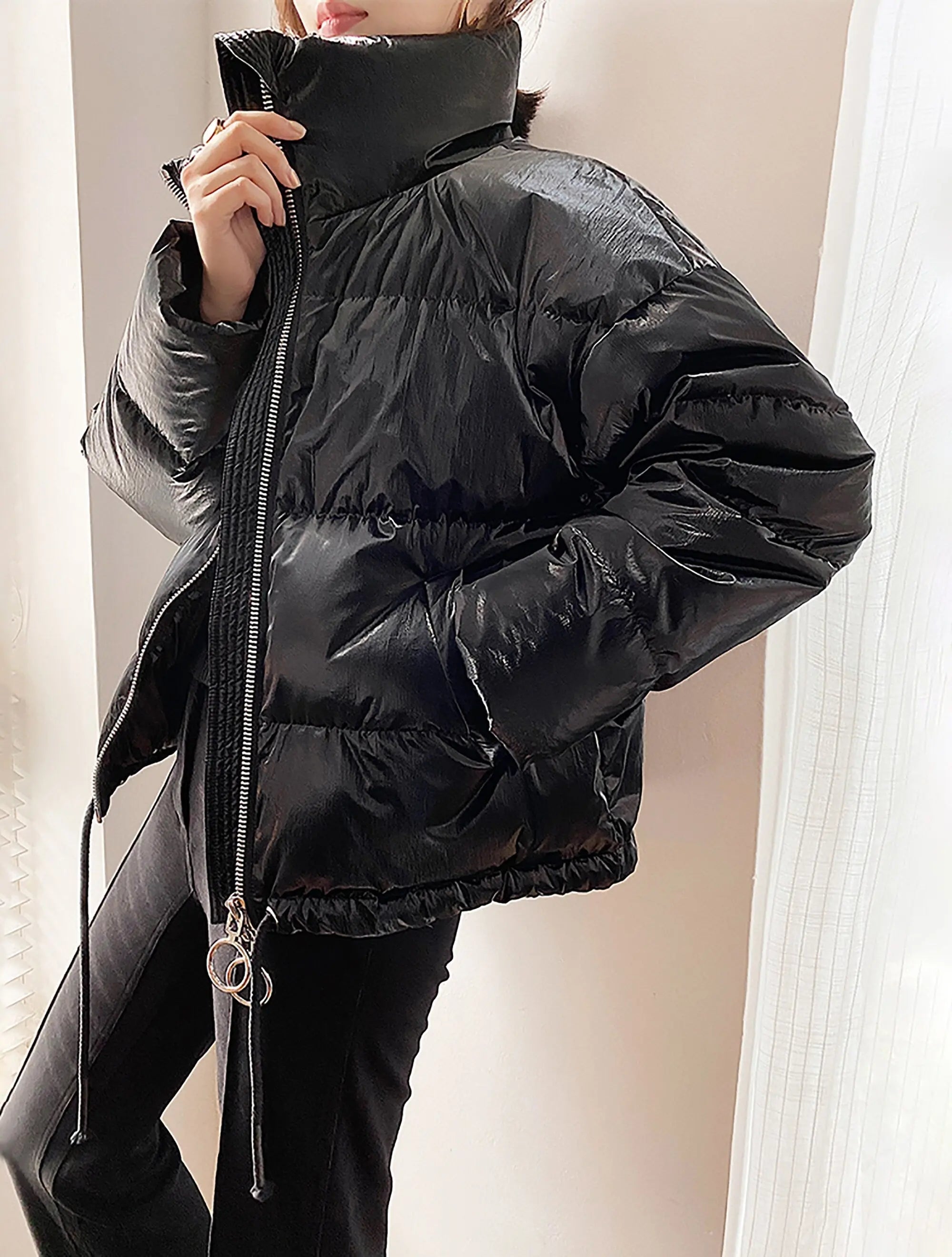  Winter Black Cropped Hooded Puffer Jacket Quilted