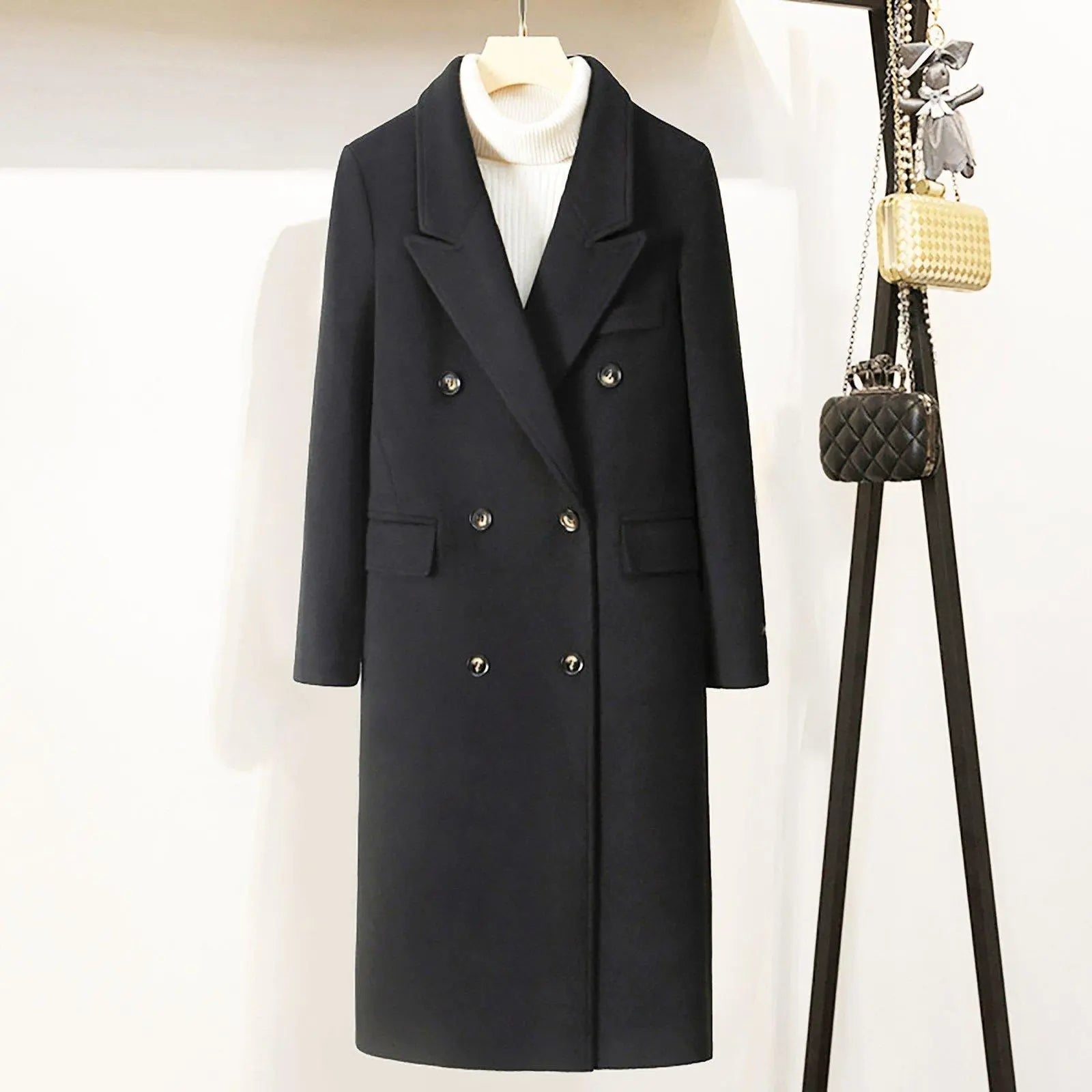 Peak Lapel Double Breasted Wool Blend Coat – Vivian Seven