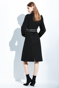 Women Black Long Wool Coat,Belted Leather Wool Overcoat Vivian Seven