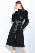 Women Black Long Wool Coat,Belted Leather Wool Overcoat Vivian Seven
