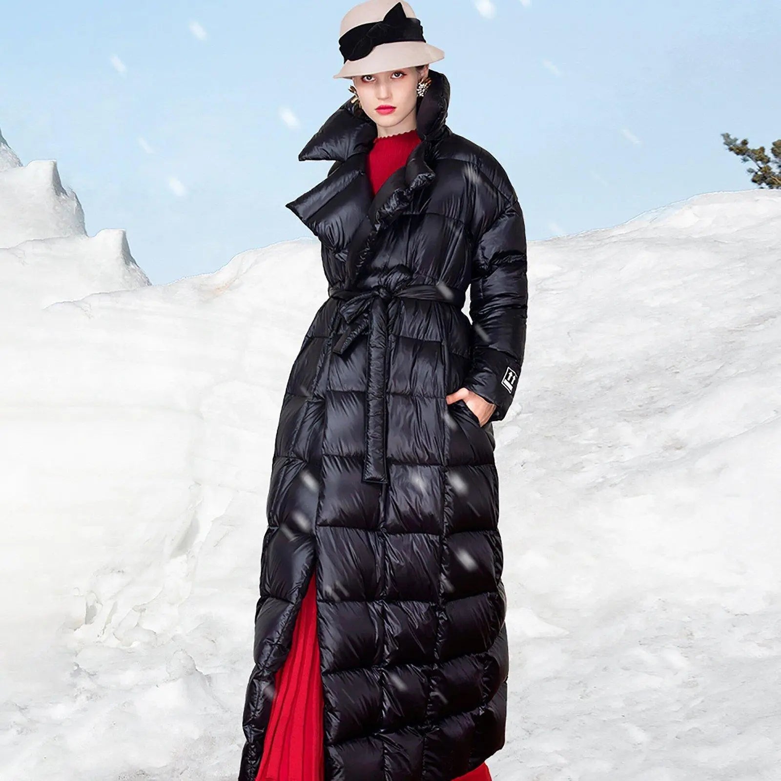 StudioMariya Black Women's Winter Jacket/ Down Hooded Coat/ Wraped Puffer Coat/ Black Parka with Hood