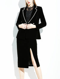 Women Black Suede Blazer Suit and Pencil Skirt Set Vivian Seven
