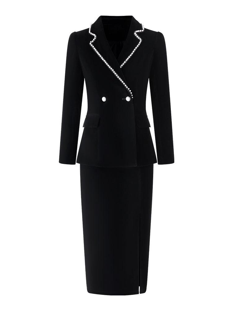 Women Black Suede Blazer Suit and Pencil Skirt Set Vivian Seven