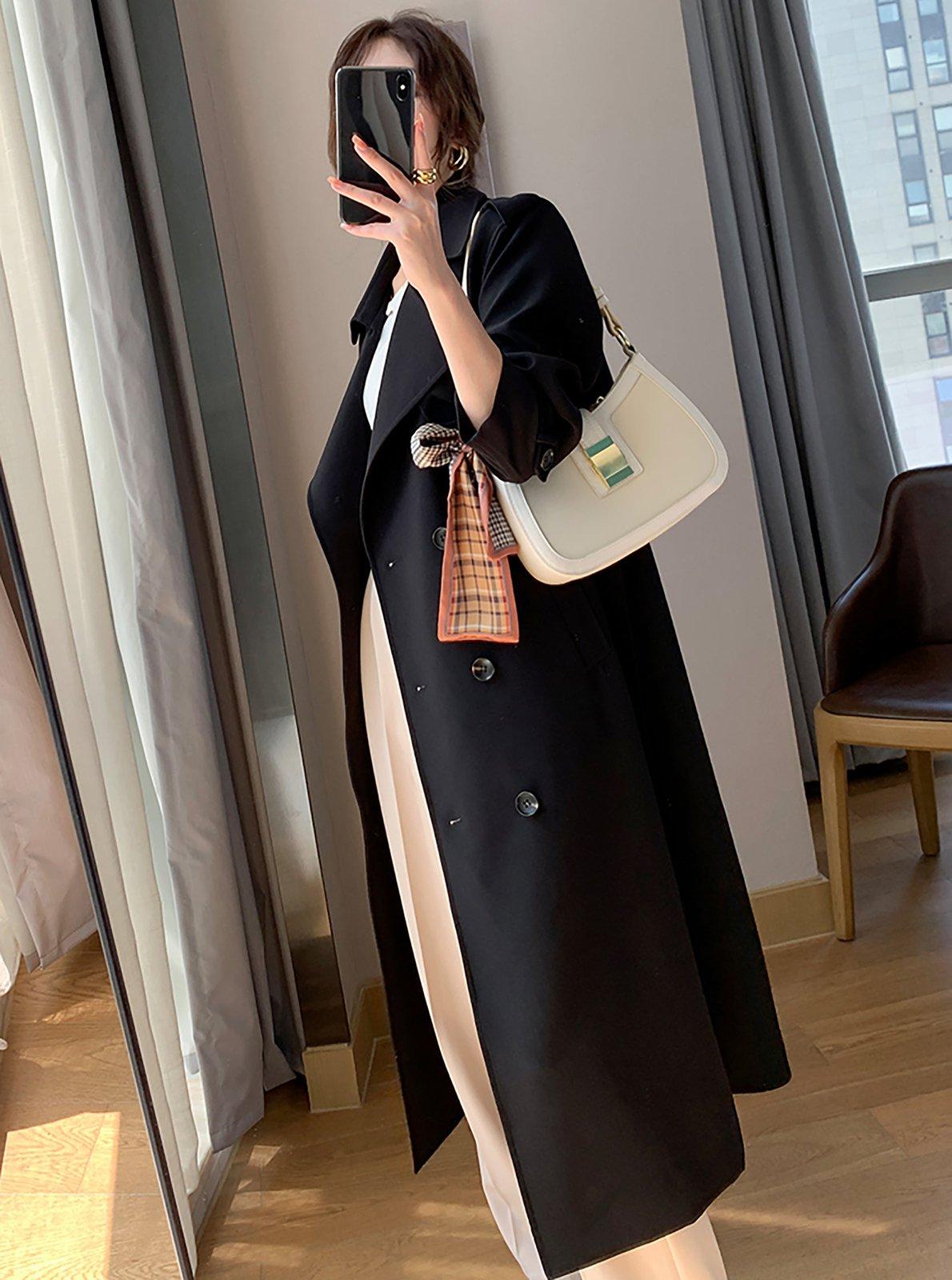 Black Double Breasted Epaulet Trench Coat | Vivian Seven