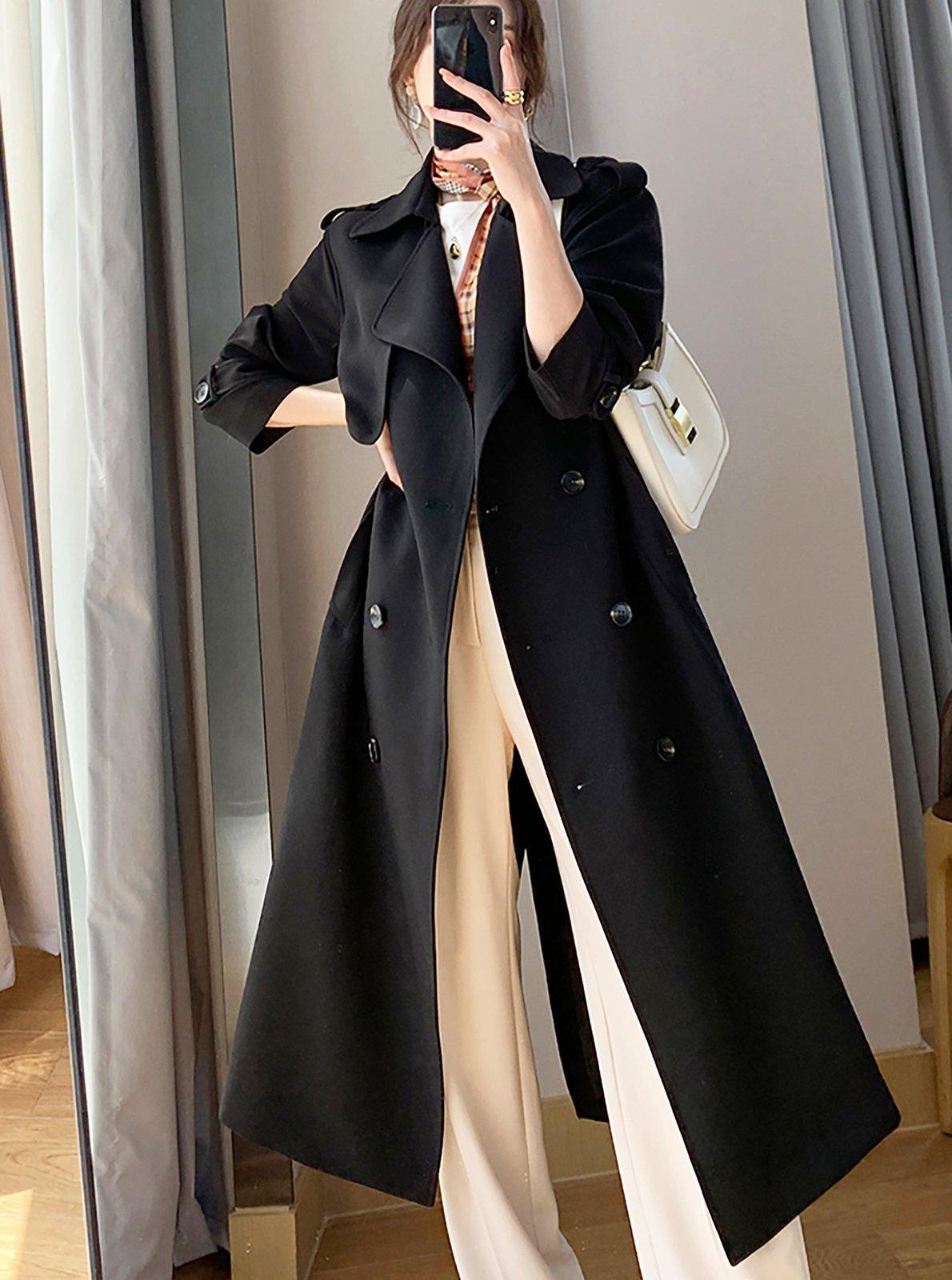 Overcoat Long Black Spring Jacket Black Double Breasted Epaulet