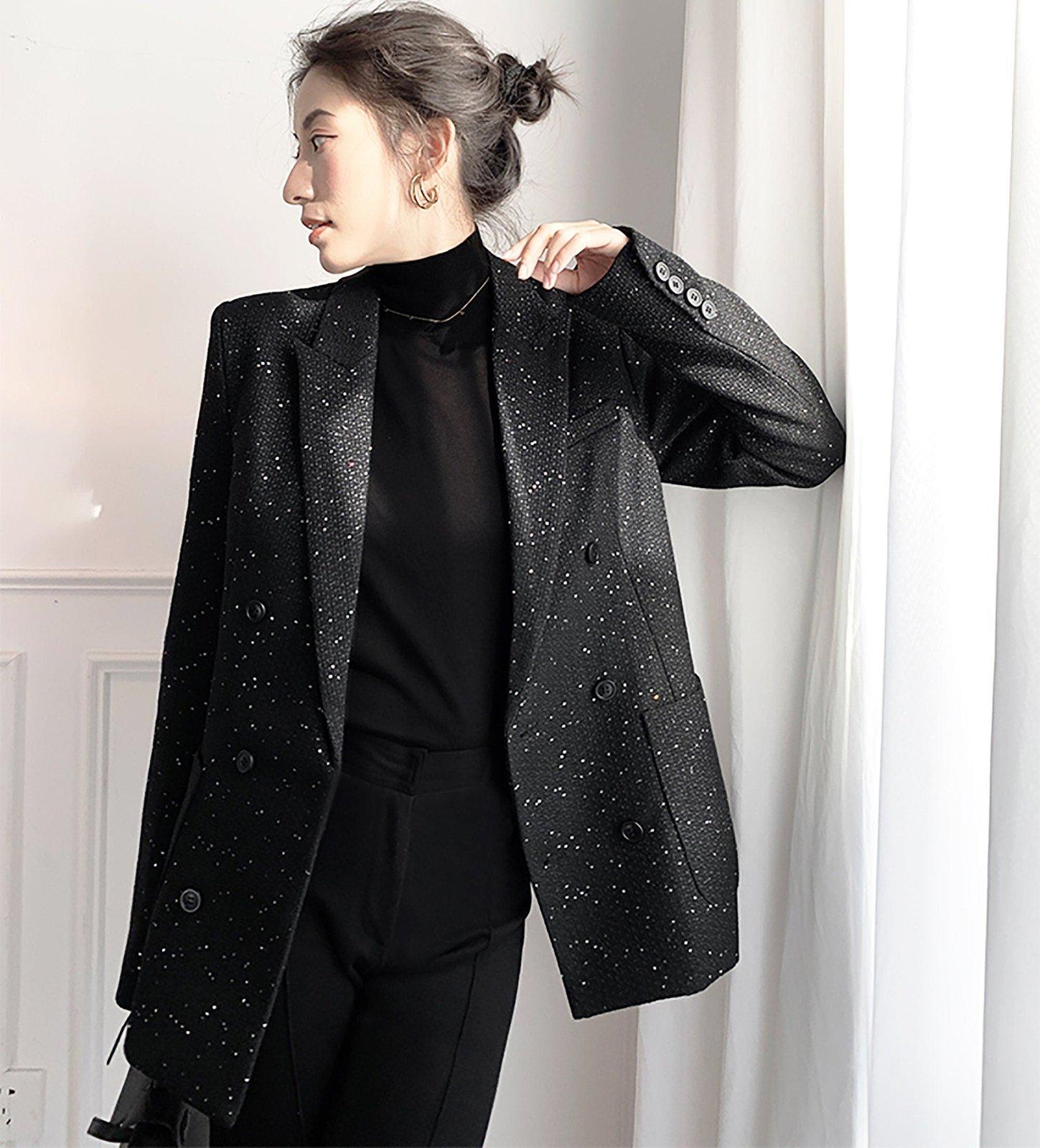 Black Tweed Doube Breasted Blazer1
