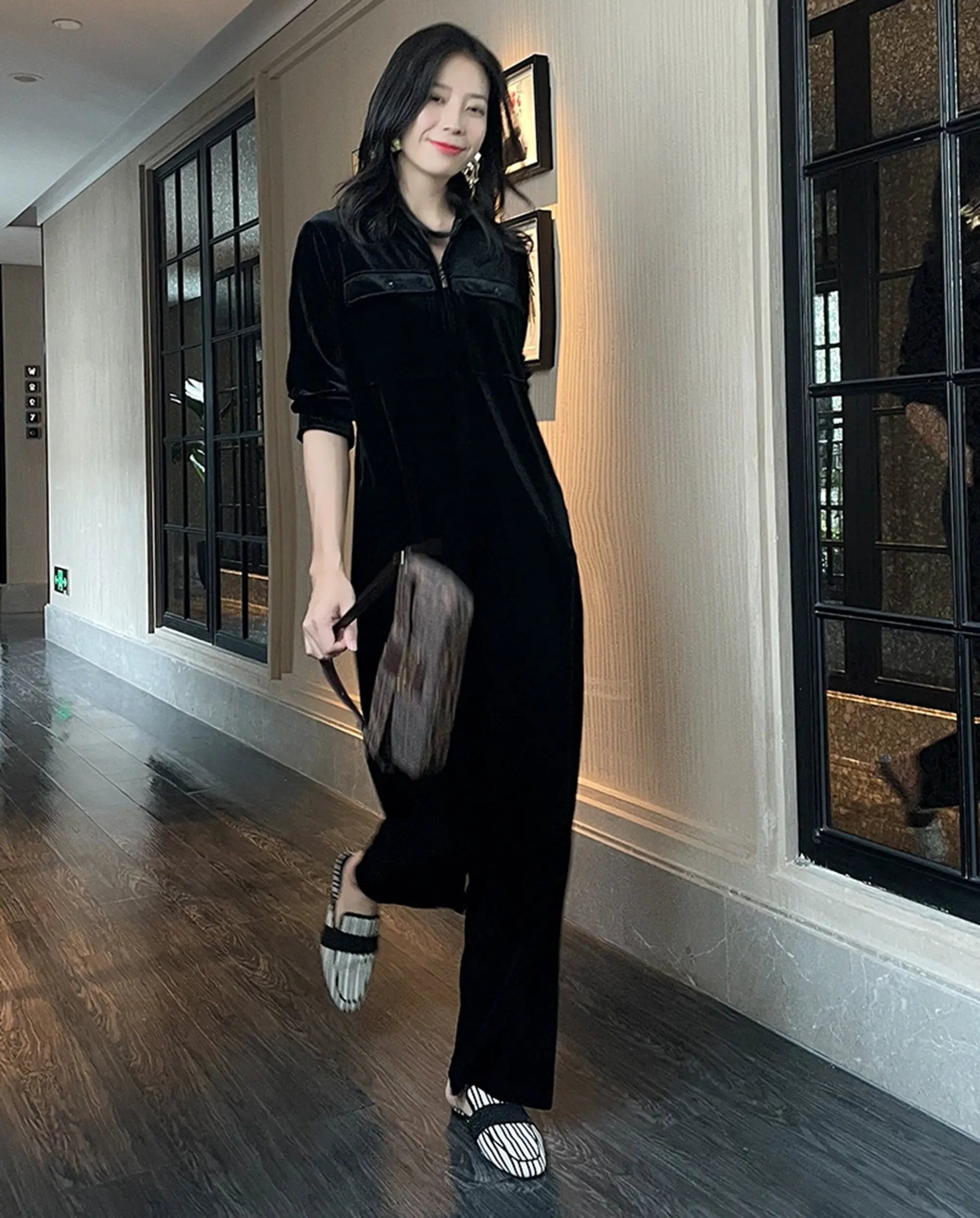 Black Velvet Long Sleeve Full Length Jumpsuit – Vivian Seven