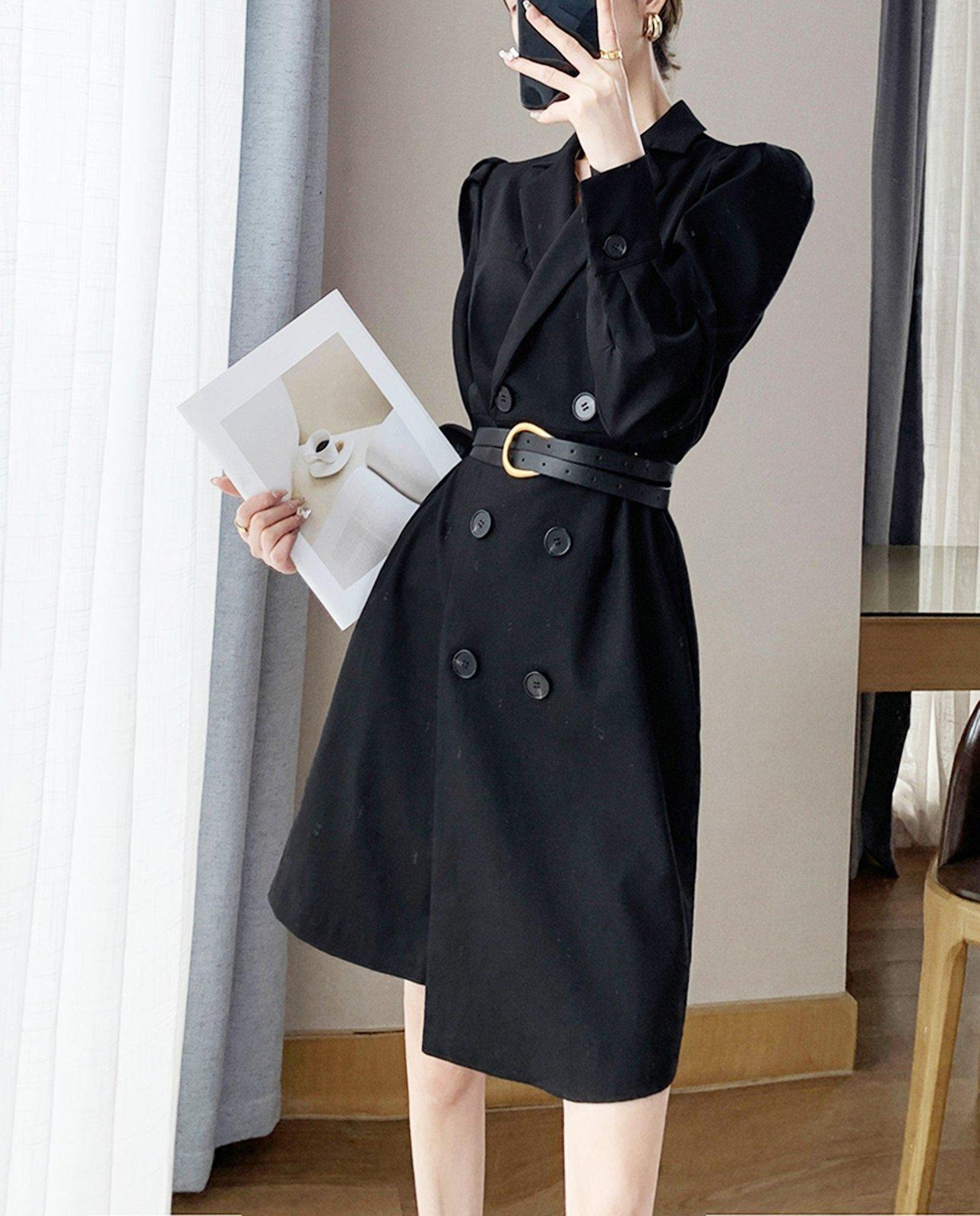Long Sleeve Double Breasted Belted Black Blazer Dress | Vivian Seven XS Long Sleeve Double Breasted Belted Black Blazer Dress | Vivian Seven XS