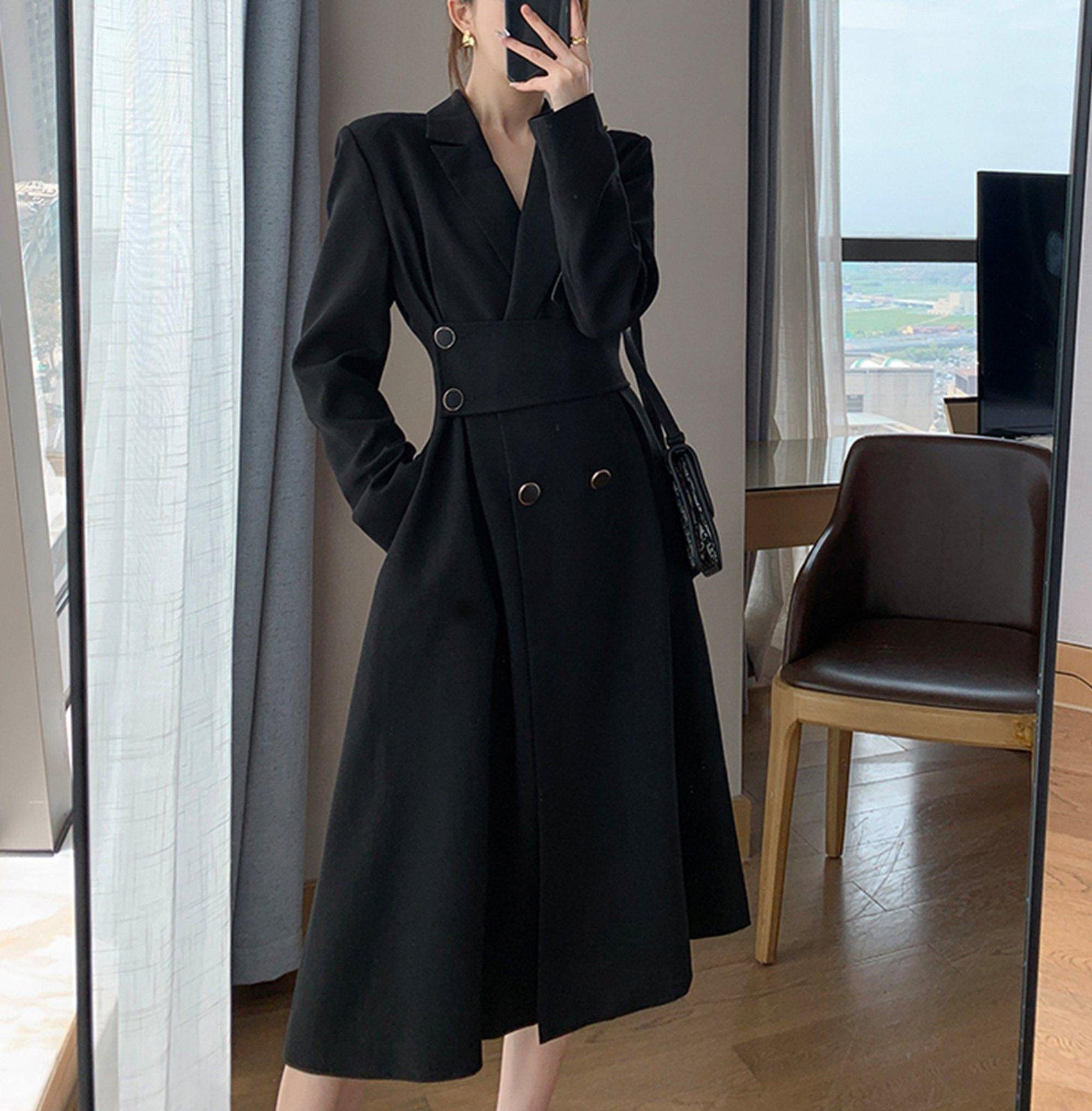 Black Belted Double Breasted Fit & Flare Blazer Coat | Vivian Seven