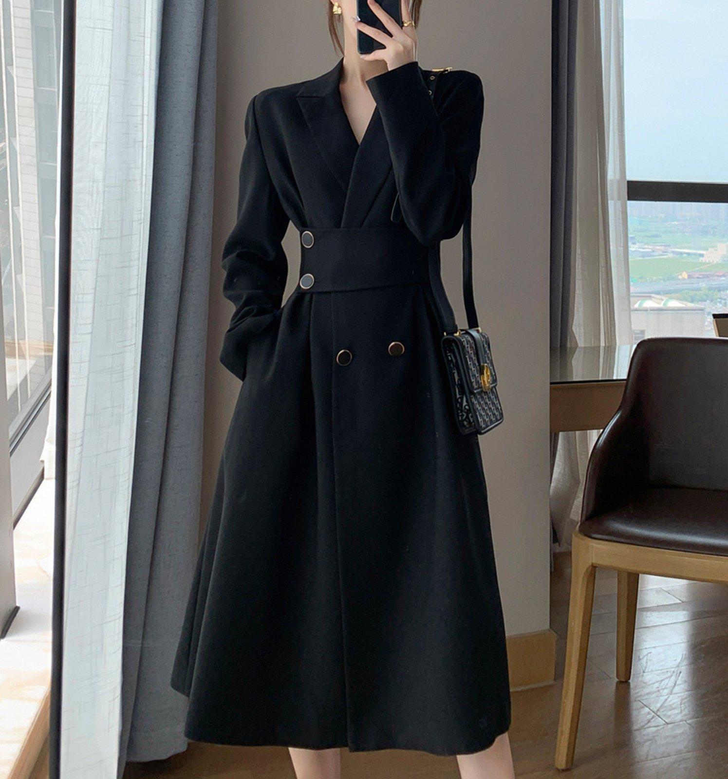 Black Belted Double Breasted Fit & Flare Blazer Coat | Vivian Seven