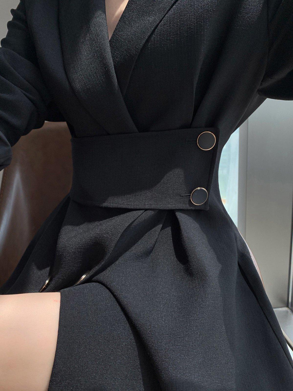 ladies black dress jacket Belted Trench Coat with Capelet, 3 in 1 Outfit: Classy Black Dress, Trench Coat & Short Jacket, Unique Ladies Buttons Jacket for Rainy Days