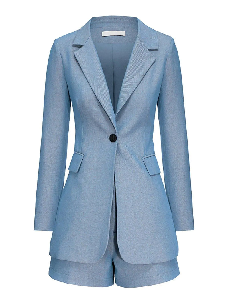 Blue One Button Fit & Flare Blazer & Mini Shorts Set Vivian Seven