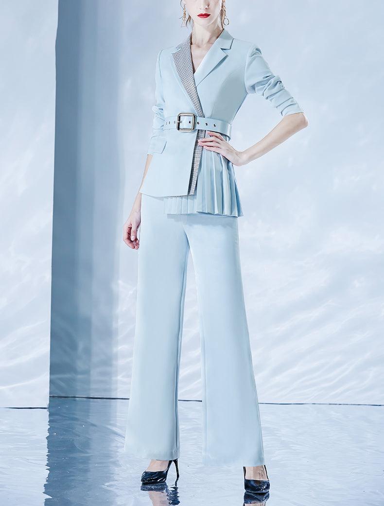 One Button Blazer + Mid-High Rise Flare Trousers Suit Pantsuit Light Blue  For Females
