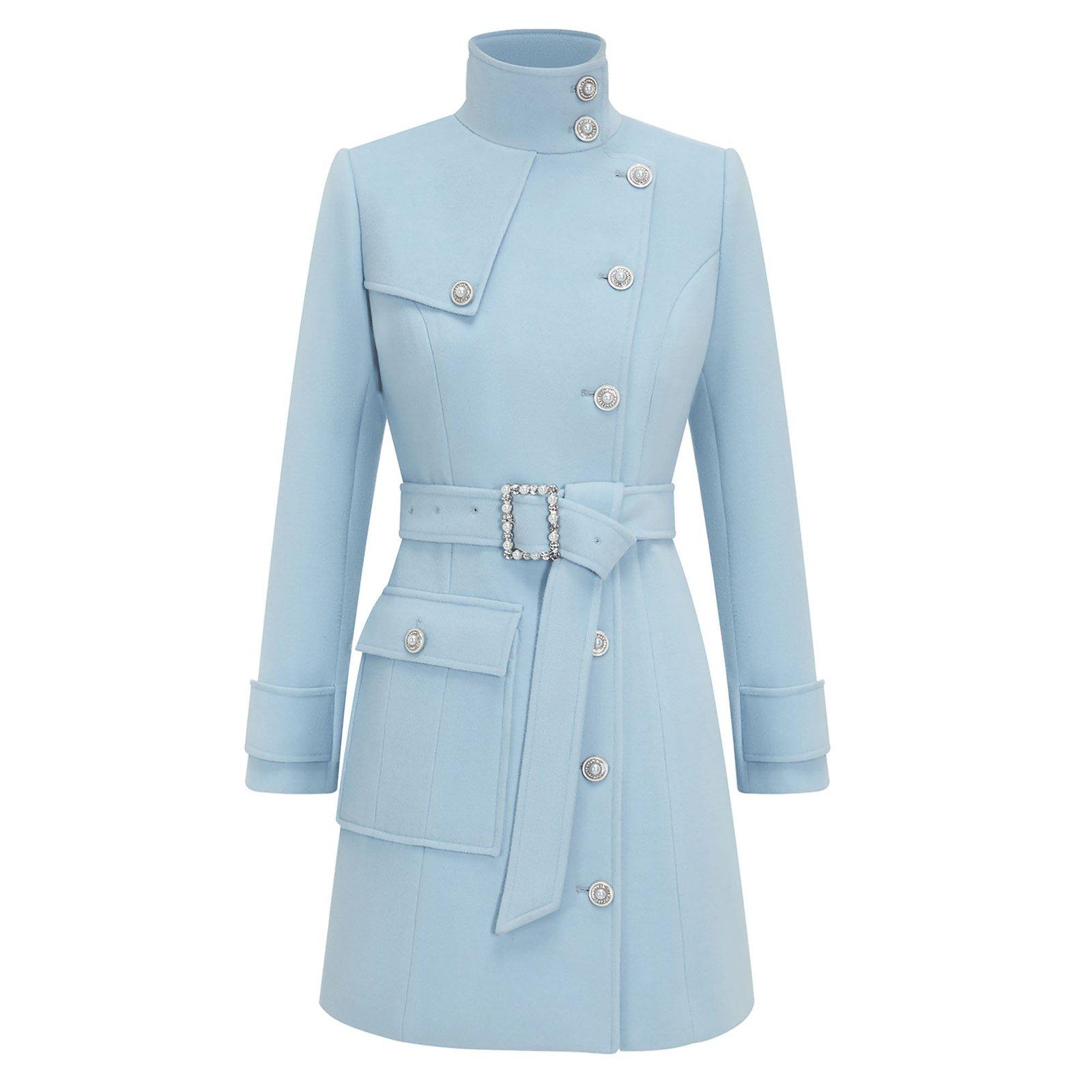 Women Blue Stand Up Collar Wool Overcoat with Belt,Autumn Winter Wool Trench Coat Vivian Seven