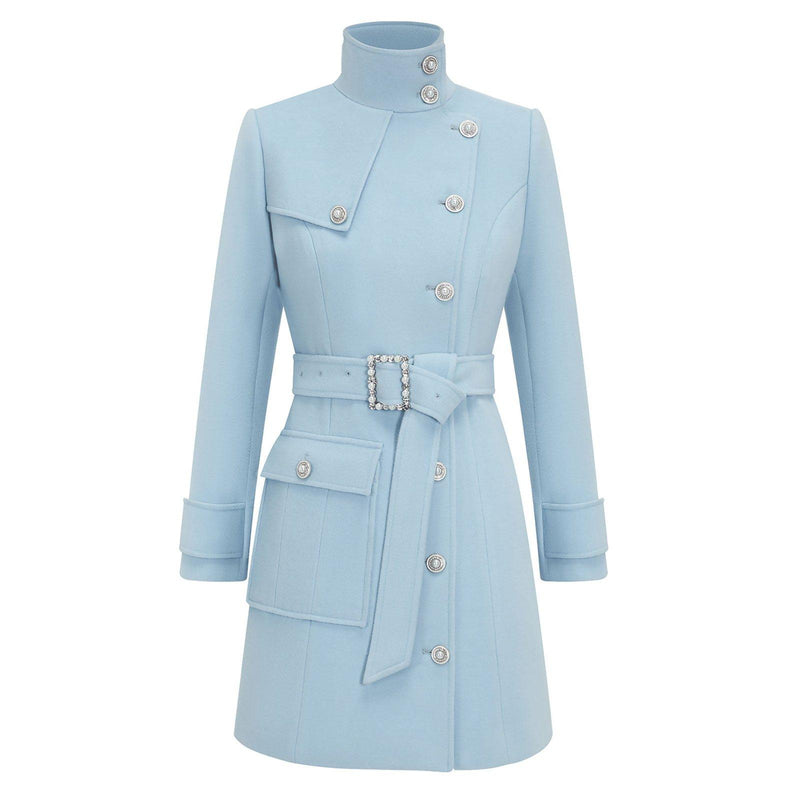 Women Blue Stand Up Collar Wool Overcoat with Belt,Autumn Winter Wool Trench Coat Vivian Seven