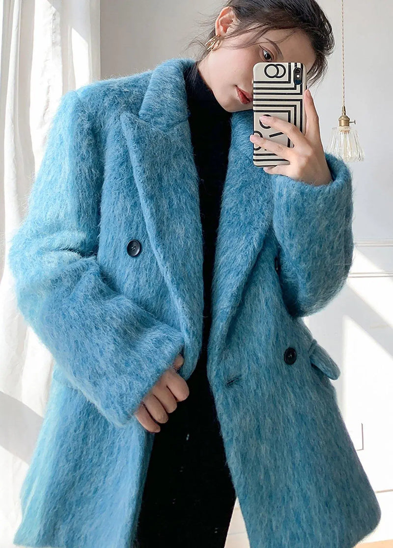 Women Blue Wool Blazer,Fleece Suit,Oversize Wool Coat,Warm Wool Suit Coat,Winter Blazer coat women,Blue wool Suit,Double breasted Suit Coat, Vivian Seven