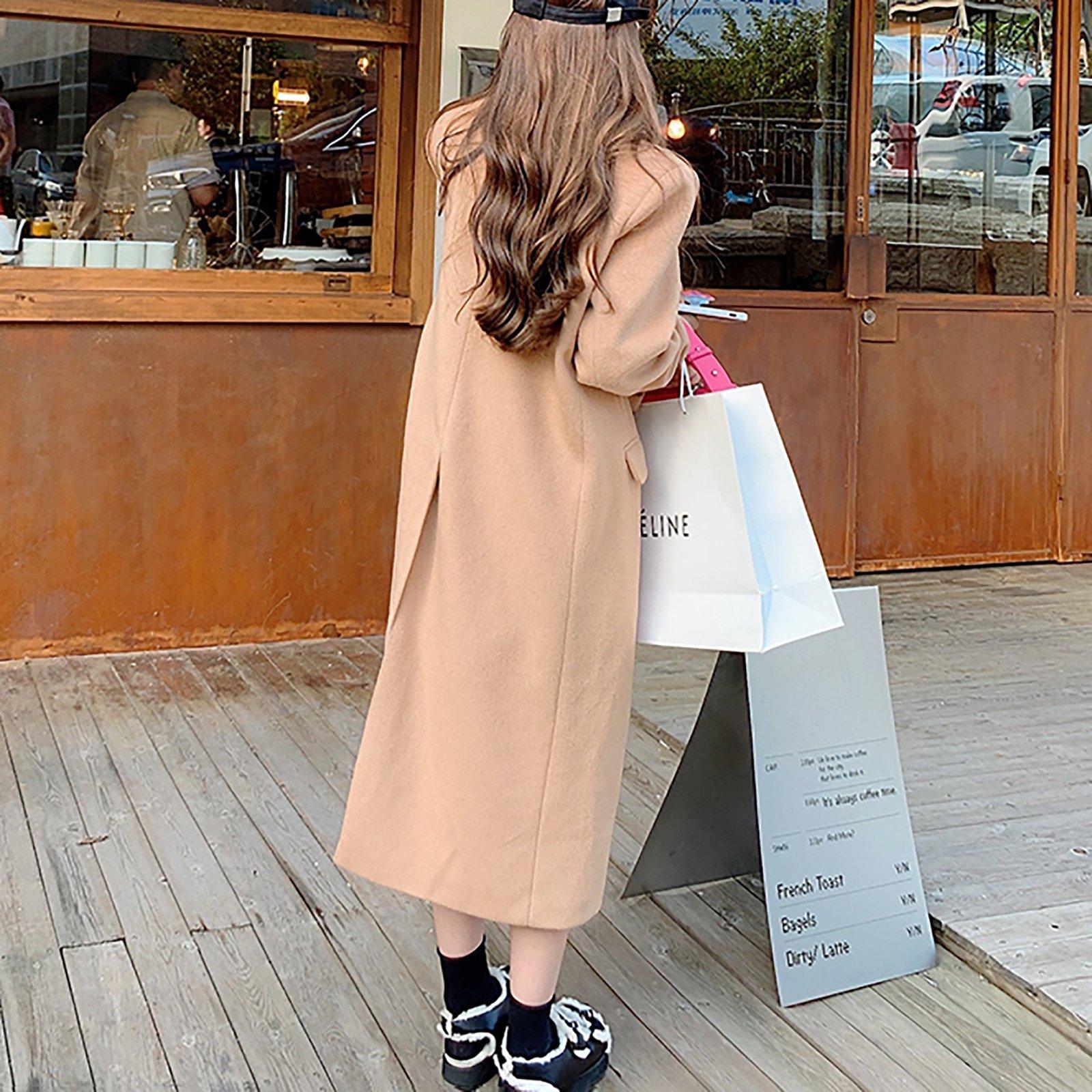 Women Blue Wool Long Coat,Double Breasted Long wool Coat,Thicken Wool  Overcoat,Warm Winter Coat,Camel Wool Long Coat,Light yellow wool Coat