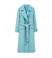 Women Blue double-faced Wool cashmere coat Double-breasted woolen coat Winter wool Blend Overcoat Shift Waist Belted fall coat outerwear Vivian Seven