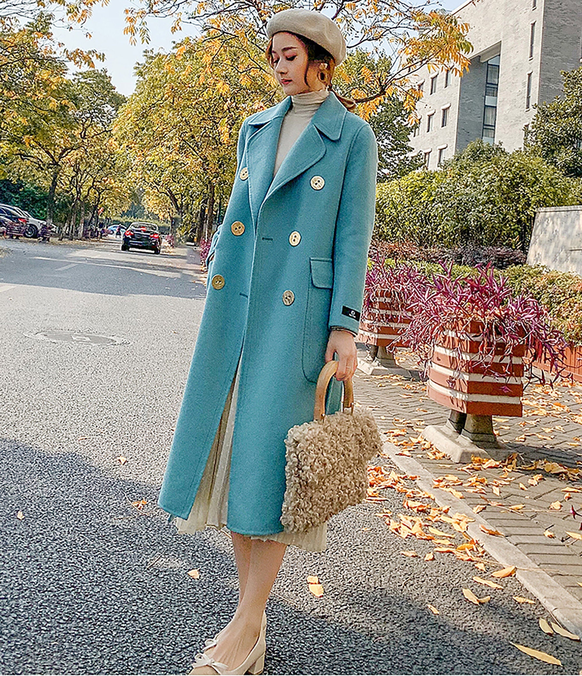 Women Blue double-faced Wool cashmere coat Double-breasted ...