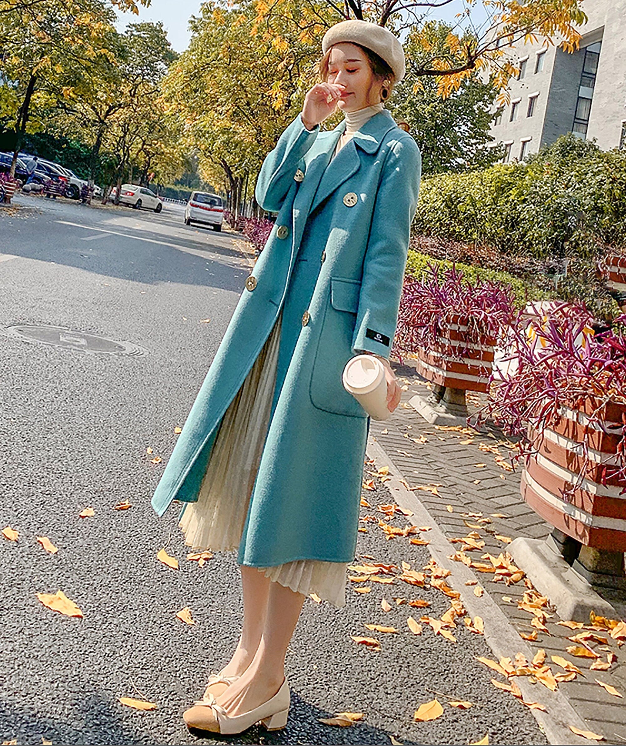 Women Blue double-faced Wool cashmere coat Double-breasted ...