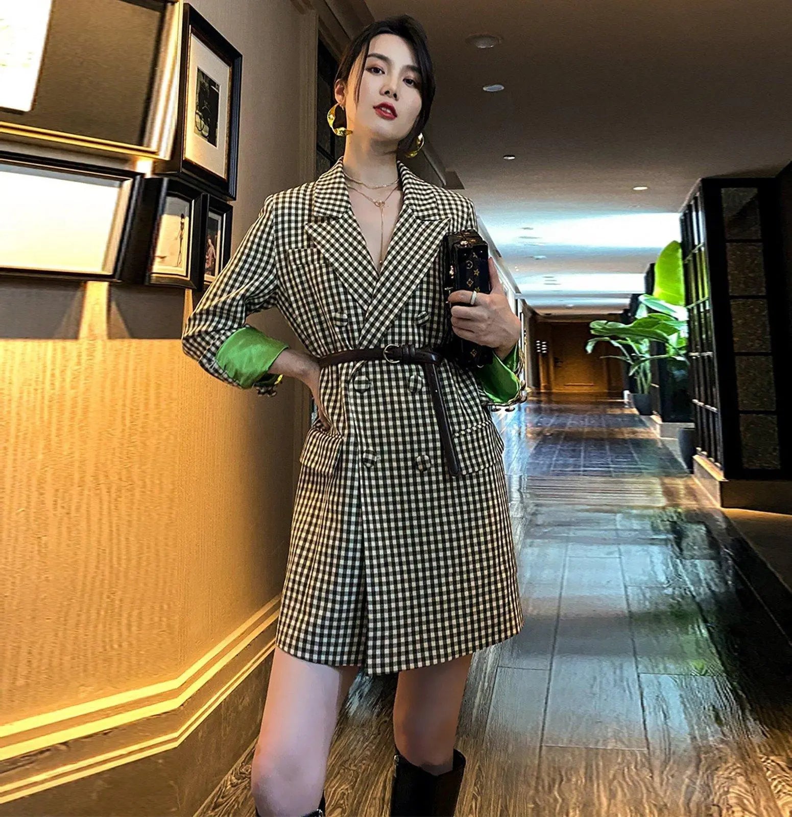 Classic Plaid Long Sleeve Double Breasted Belted Blazer Dress Vivian Seven