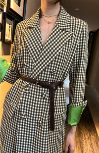 Classic Plaid Long Sleeve Double Breasted Belted Blazer Dress Vivian Seven