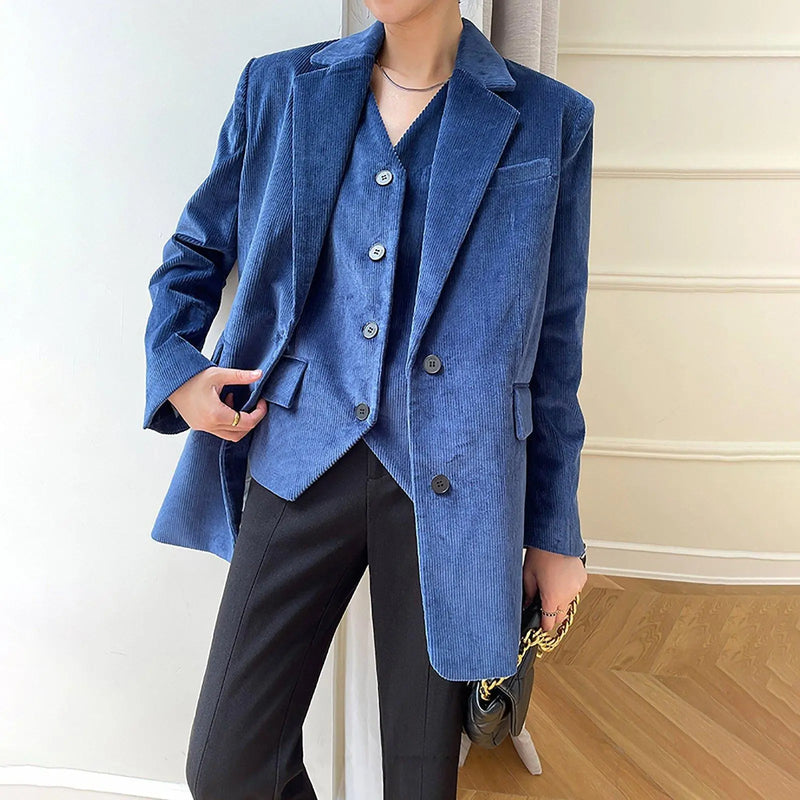 Women Corduroy Blazer Vest Set,Blue Blazer+Vest,Oversize Suit,Blue Suit Women,Cotton Blazer Coat,Suit Vest,Corduroy Suit Vest,Autumn Suit Vivian Seven
