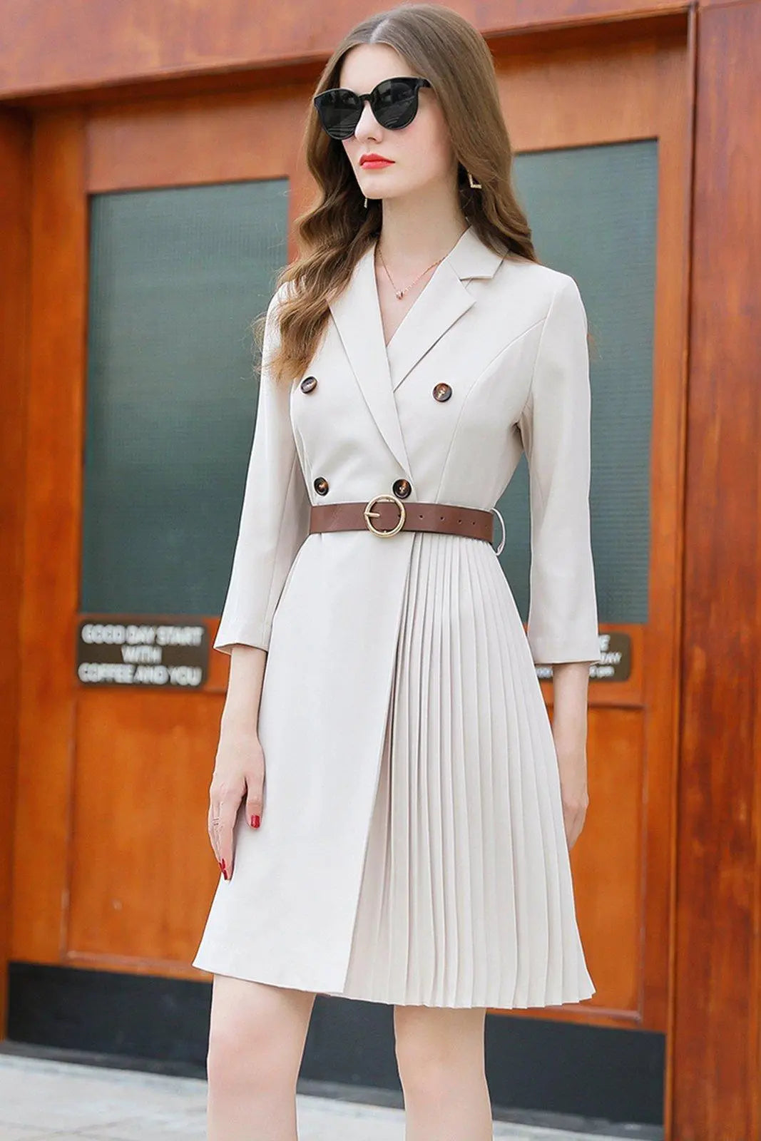 Three Quarter Sleeve Double Breasted Belted Blazer Dress Three Quarter Sleeve Double Breasted Belted Blazer Dress