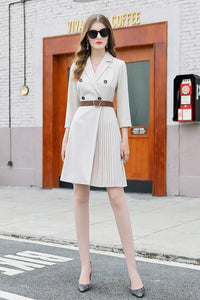 Three Quarter Sleeve Double Breasted Belted Blazer Dress Vivian Seven