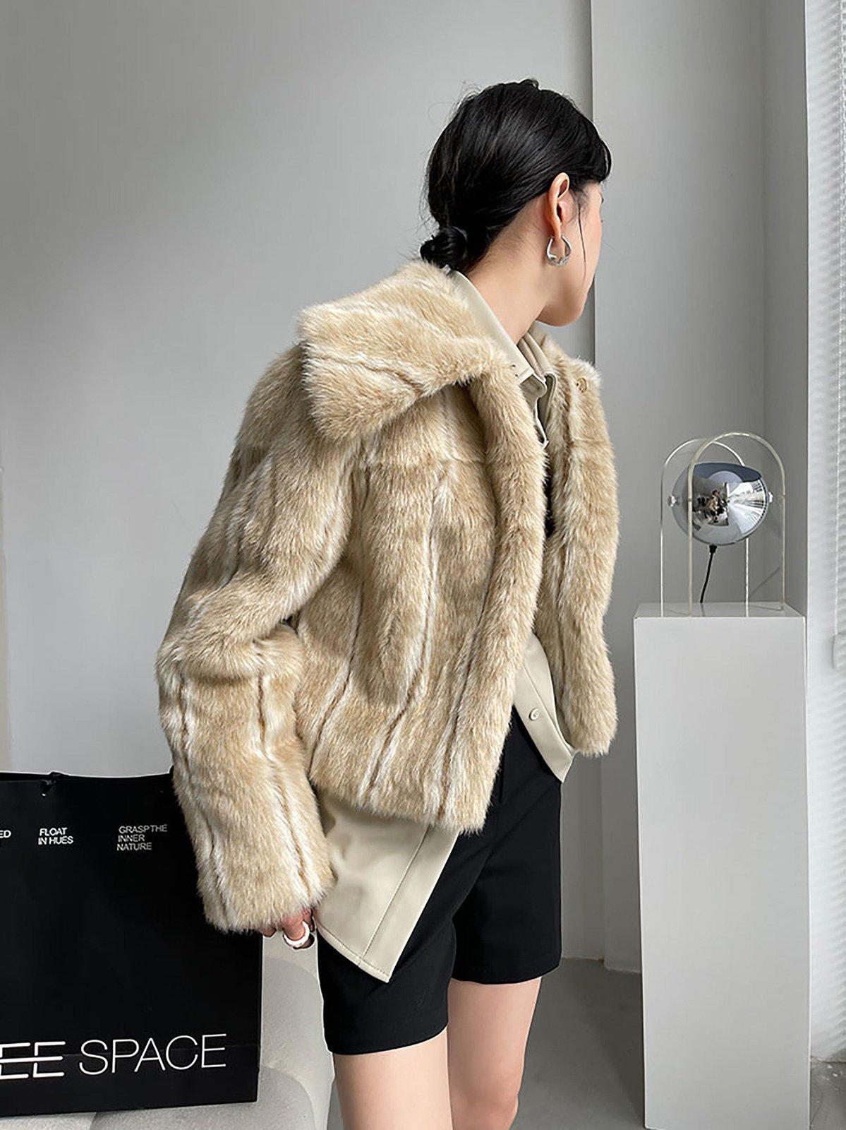 Women Faux Fur Coat,Contrast Color Faux Fur Jacket,Warm Winter Coat,Sh