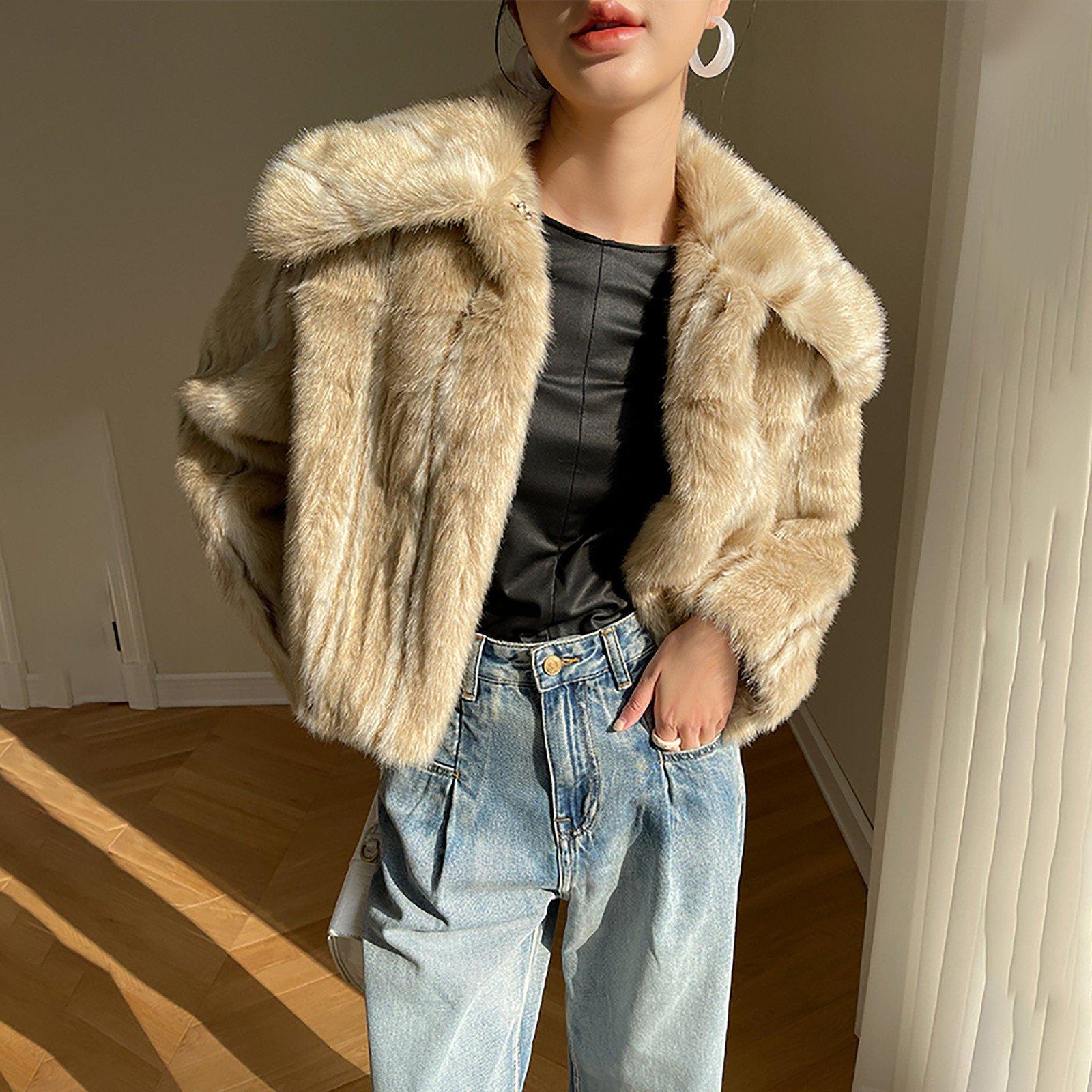 Cream Womens Short Winter Coat Jasmine Faux Fur Big Collar Short