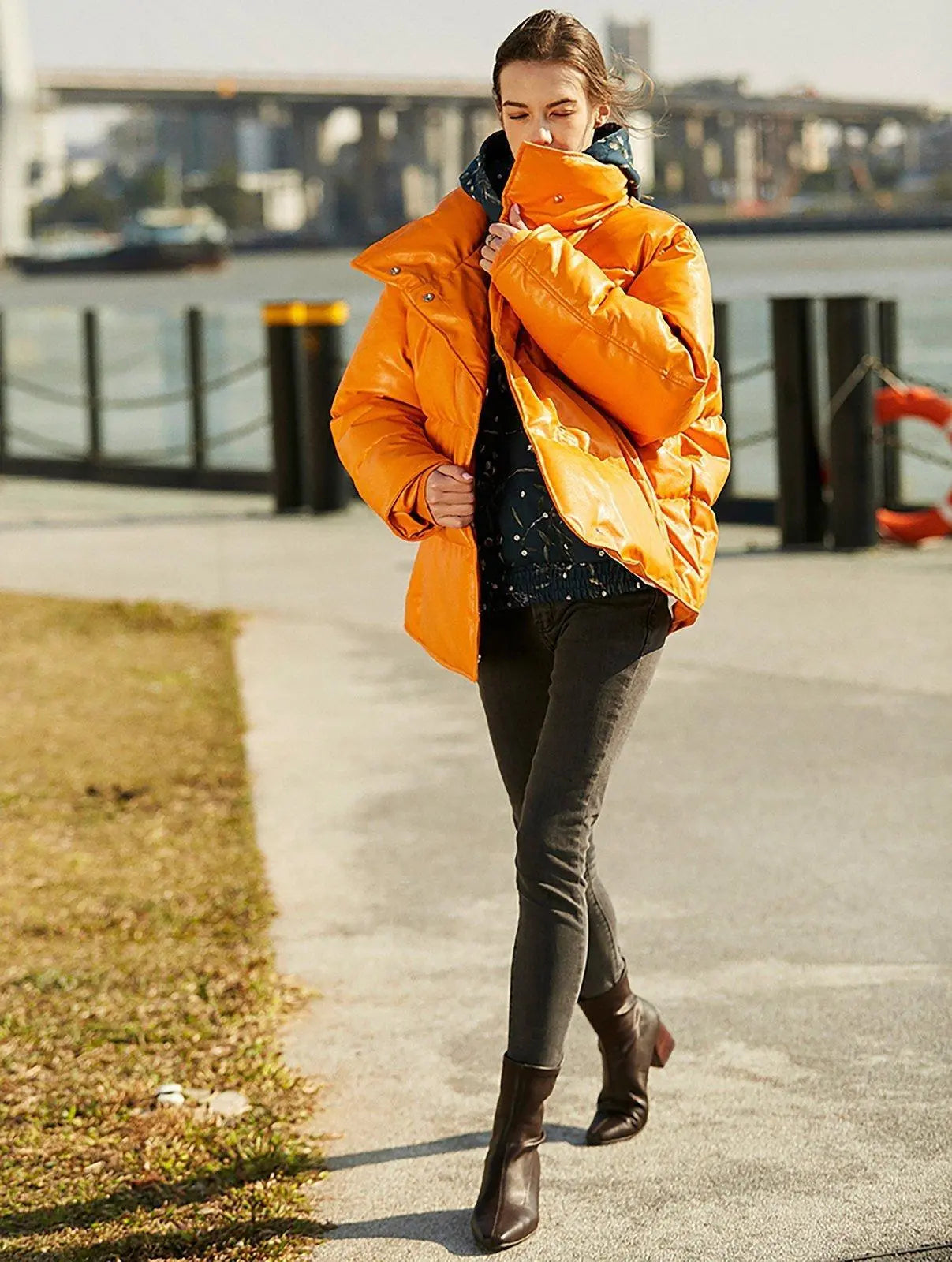 Faux Leather Filled Down Puffer Jacket | Vivian Seven