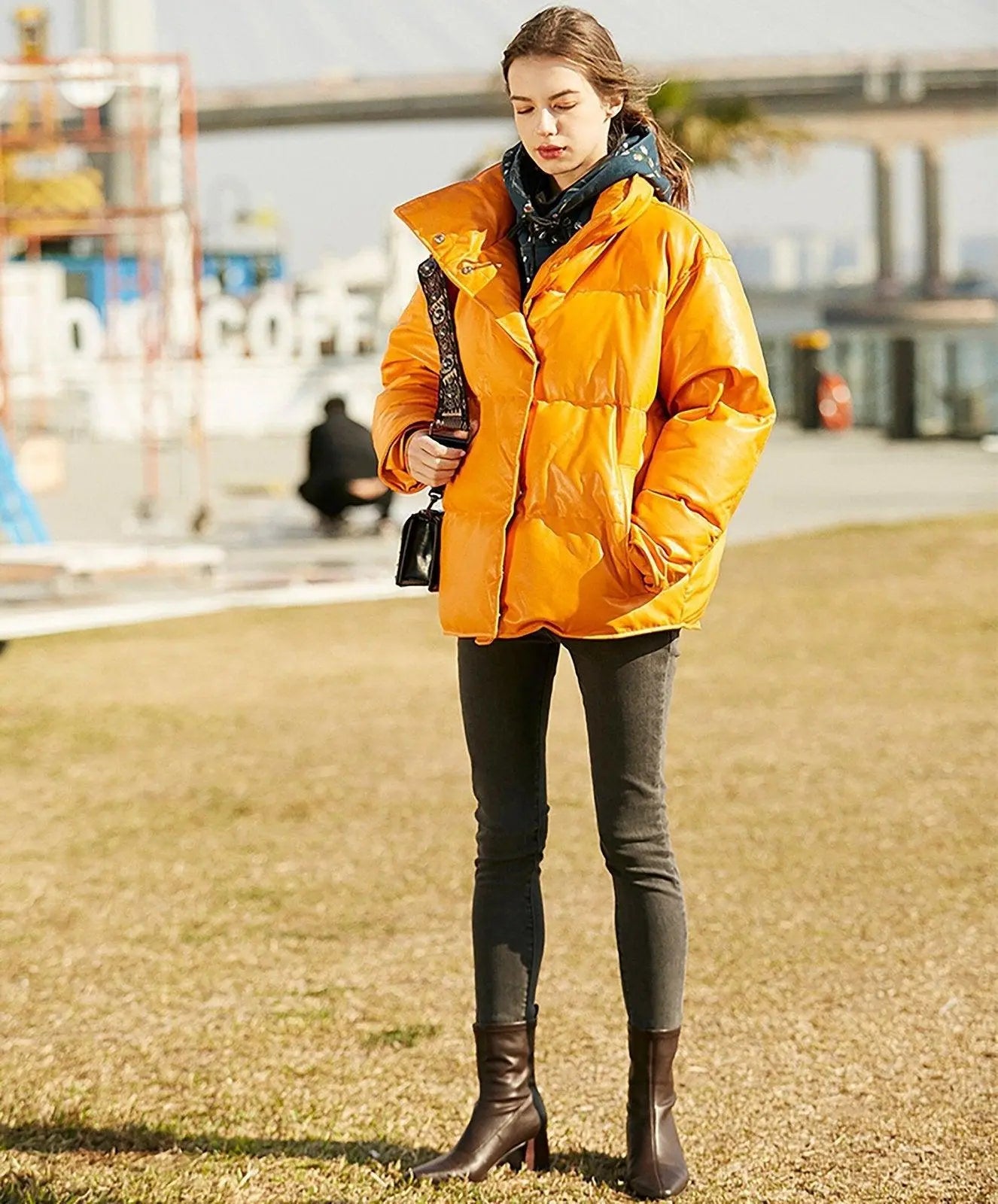 Faux Leather Filled Down Puffer Jacket | Vivian Seven