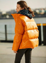Women Faux Leather Down Coat,Orange PU leather Down Jacket,Thick Down Coat,Warm Puffy Coat,Oversize Short Down Jacket,Winter Coat Women Vivian Seven