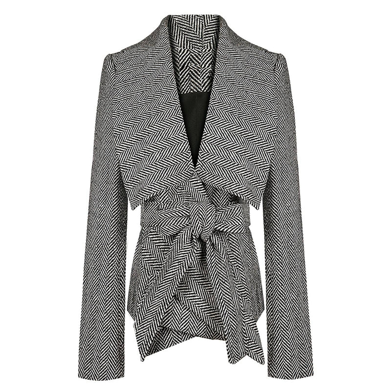 Women Gray herringbone pattern Wool Blazer Coat with belt Vivian Seven