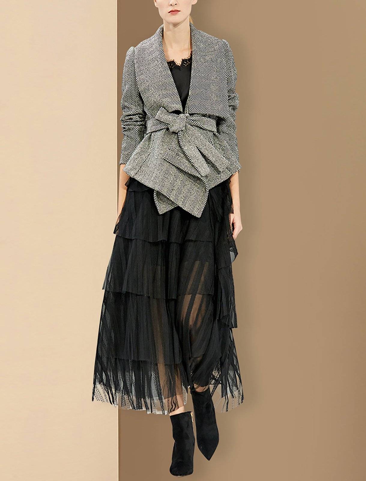 pleats frill jacket herringbone gray Women Gray Herringbone Wool 