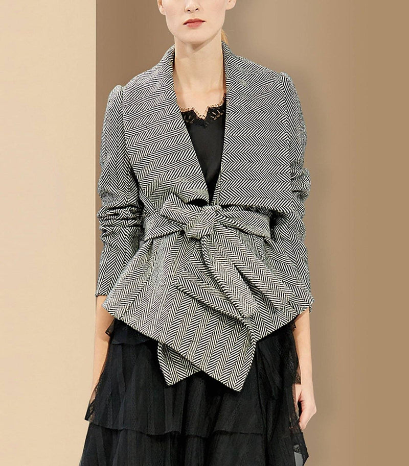 Women Gray herringbone pattern Wool Blazer Coat with belt Vivian Seven