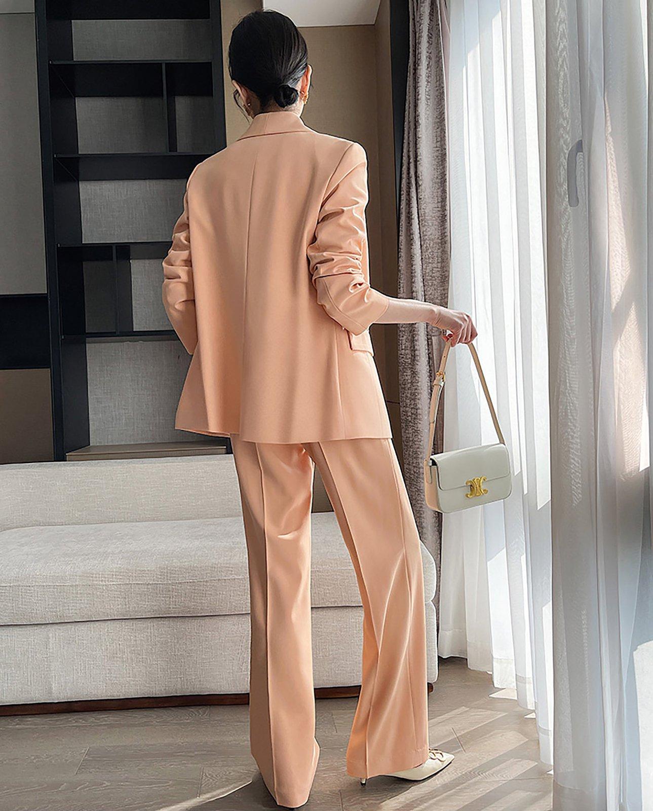 Pink Double Breasted Belted Blazer & Wide Leg Pants Suit Vivian Seven