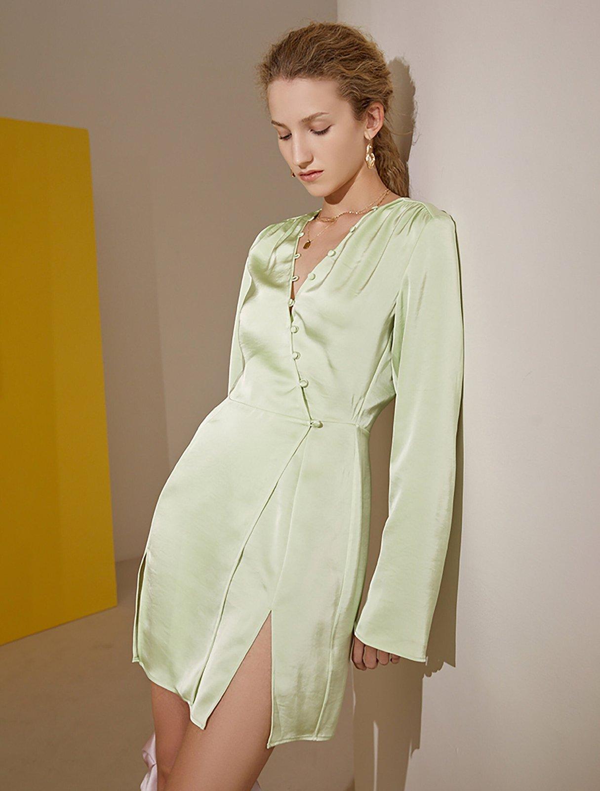 Light Green Long Sleeve Satin Cocktail Dress | Vivian Seven