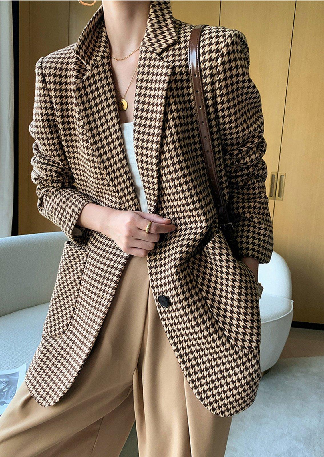 Wool Houndstooth Suit Women's Houndstooth Wool Blend Belted