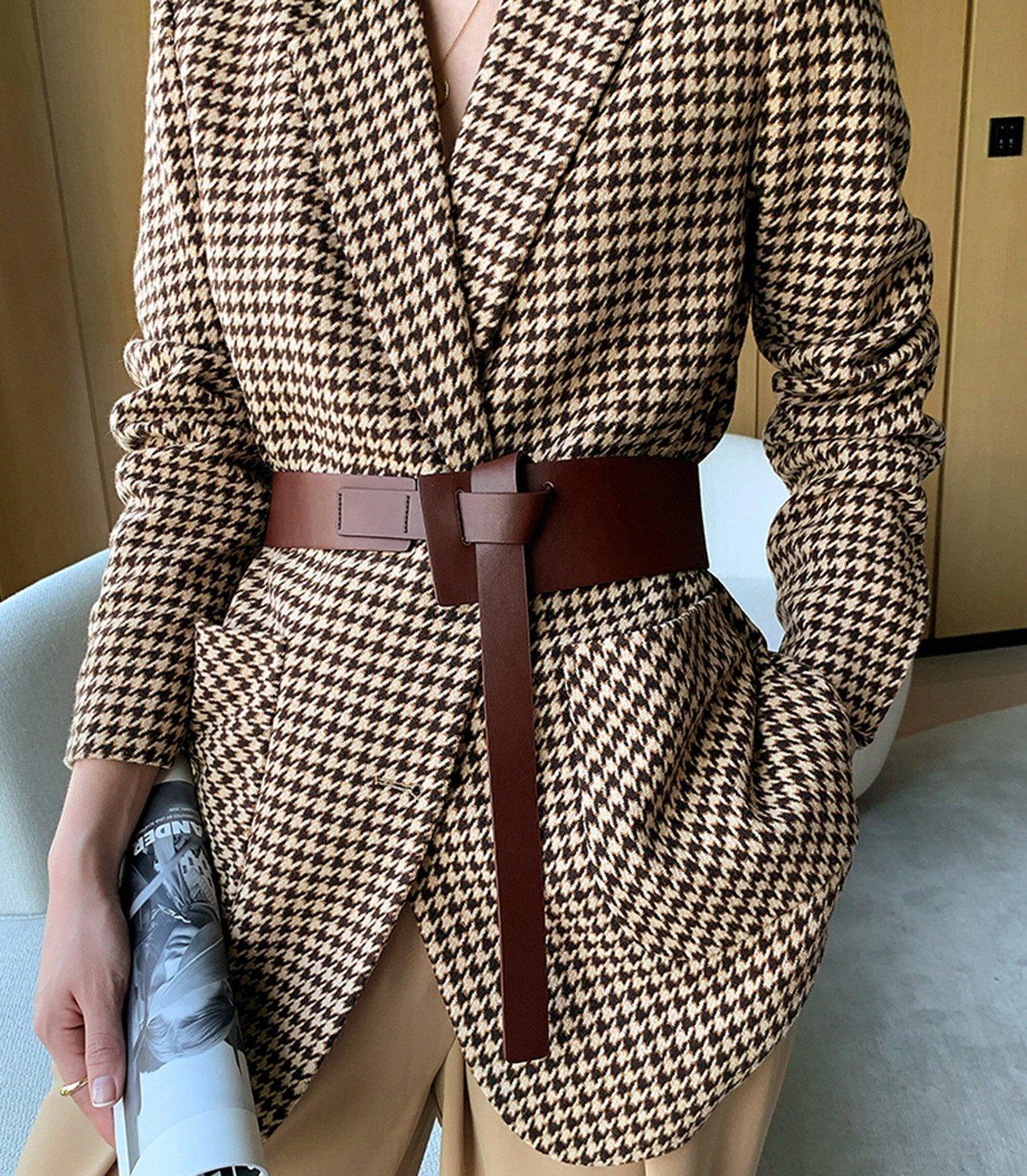 Houndstooth Wool Blend Belted Blazer – Vivian Seven