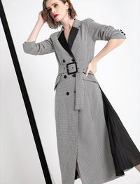 Colorblock Houndstooth Belted Double Breasted Trench Coat Vivian Seven