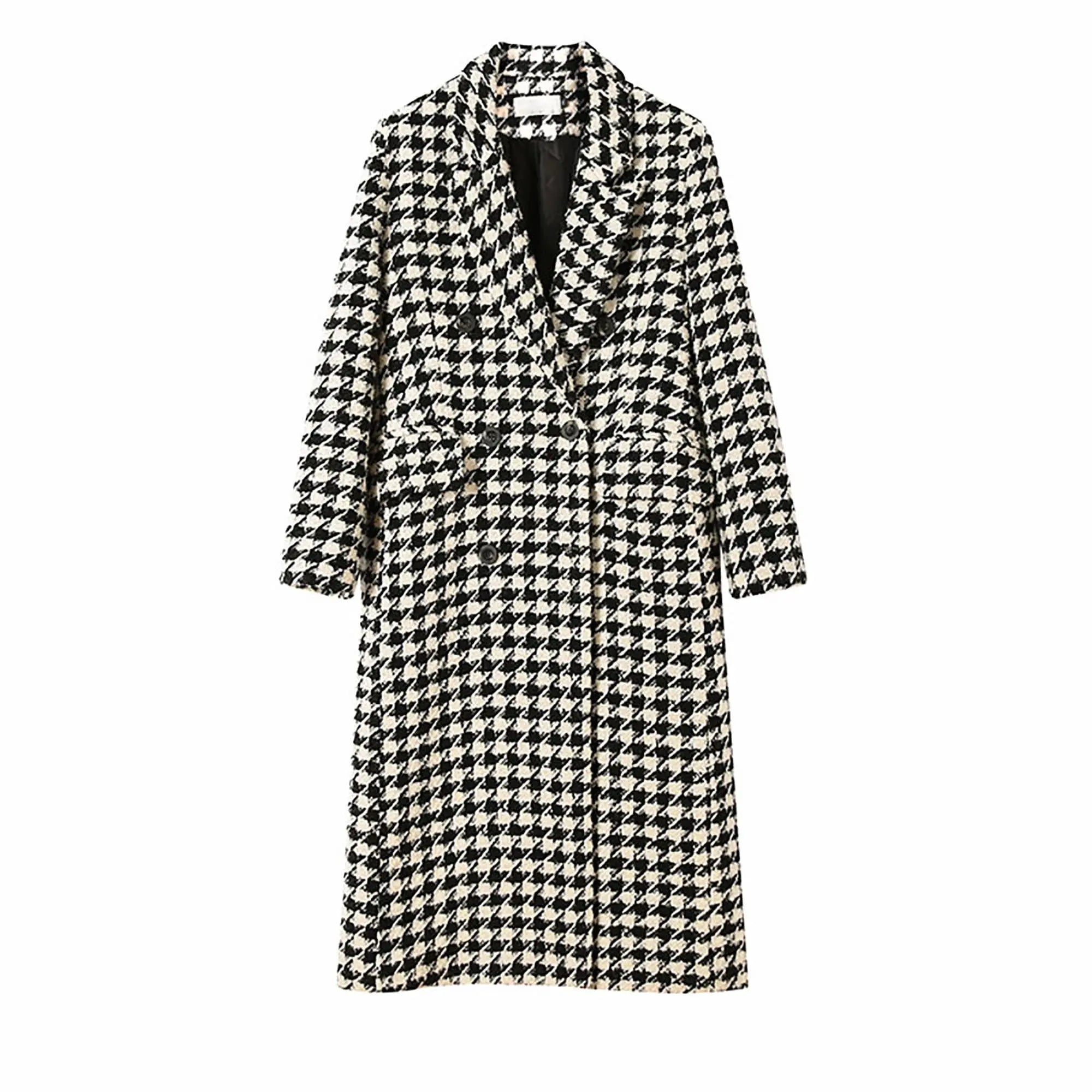 Black White Houndstooth Double Breasted Wool Blend Long Coat